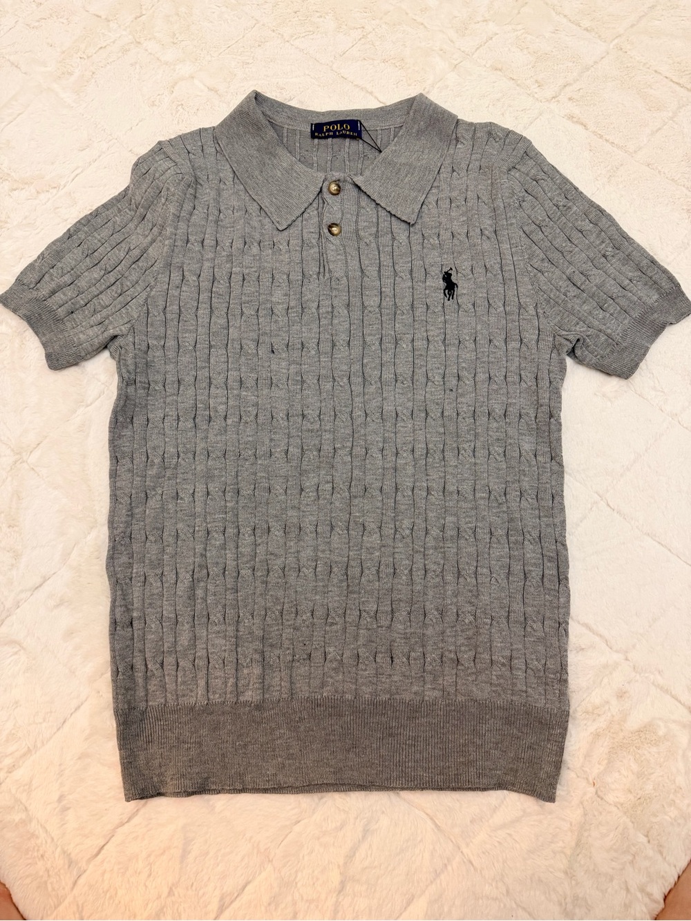 Polo by Ralph Lauren Light Gray Cable-Knit V-Neck Polo Sweater